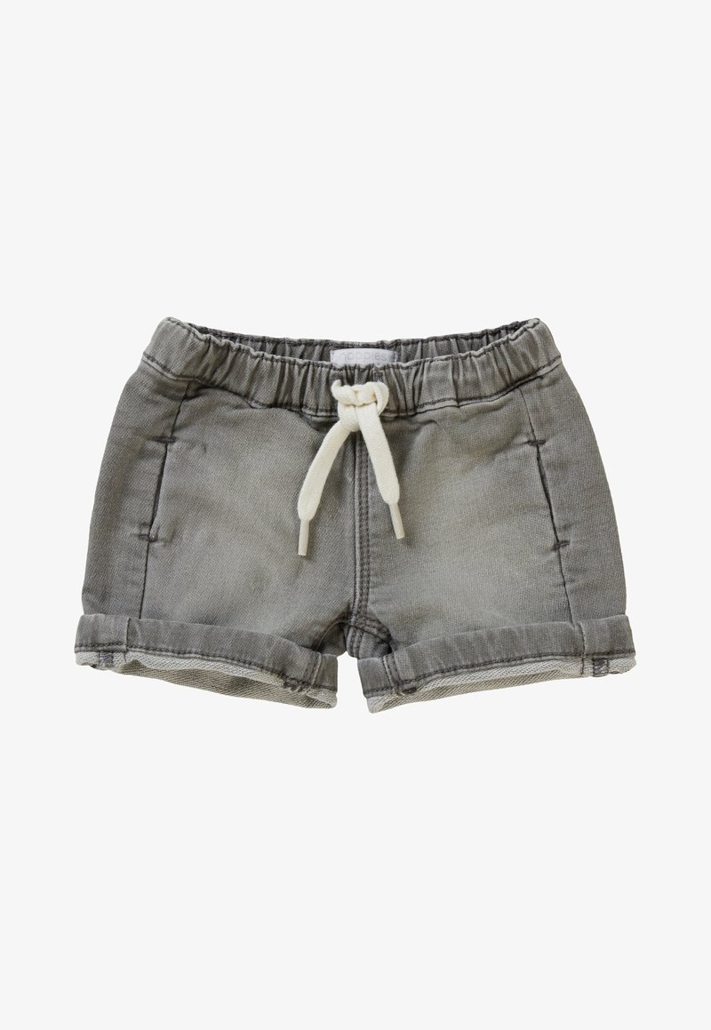 Graue Jeansshorts mit einem weichen, elastischen Bund, weißem Kordelzug und umgeschlagenen Säumen. Verfügt über Seitentaschen und kontrastierende Nähte.