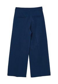 Pantaloni a gamba larga blu navy con due tasche a filetto posteriori e una vita alta, esposti in piano su uno sfondo bianco.