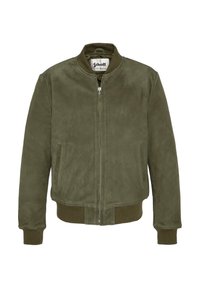 Olijfgroene suede bomberjack met een ronde kraag, ritsluiting en geribde manchetten. Heeft zijzakken en een zacht textuur.