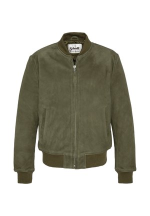 Olivgrüne Wildleder-Bomberjacke mit rundem Kragen, Reißverschluss und gerippten Bündchen. Verfügt über seitliche Taschen und eine glatte Textur.