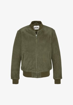Veste bomber en daim vert olive avec un col rond, fermeture éclair et poignets côtelés. Comprend des poches latérales et une texture lisse.