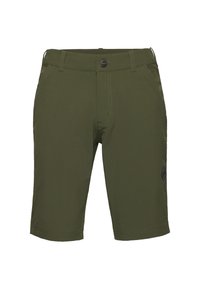 Olivengrønne shorts lavet af letvægtsmateriale, med lynlås foran, bæltestropper og et diskret logo på venstre ben.