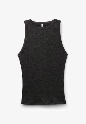 Czarny bezrękawnik o dopasowanym kroju, wykonany z prążkowanego materiału z delikatnym połyskiem. Okrągły dekolt i brak widocznych szwów.