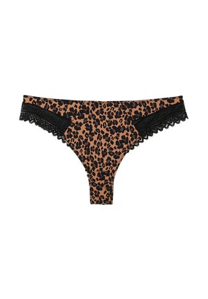 String léopard en marron et noir, avec une finition en dentelle sur les côtés, une texture lisse et un design taille basse.