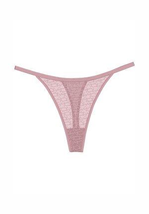 Różowe przezroczyste stringi z delikatnym geometrycznym wzorem, cienkimi regulowanymi ramiączkami i minimalistycznym designem z częściowo przezroczystym przodem i tyłem.