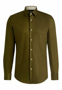 Olijfgroene, langlevende button-up overhemd van gladde stof, met een klassieke kraag, zilveren knopen en een gebogen zoom.