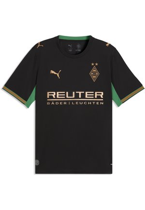 Black Puma football jersey with gold Puma logos, Borussia Mönchengladbach crest, and "REUTER BÄDER LEUCHTEN" sponsor text, with green sleeve accents.