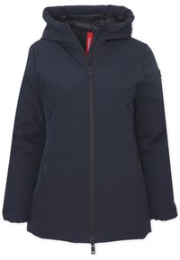 Giacca impermeabile blu navy con cappuccio, dotata di una cerniera frontale completa e tasche laterali, realizzata in tessuto morbido con una fodera soffice.