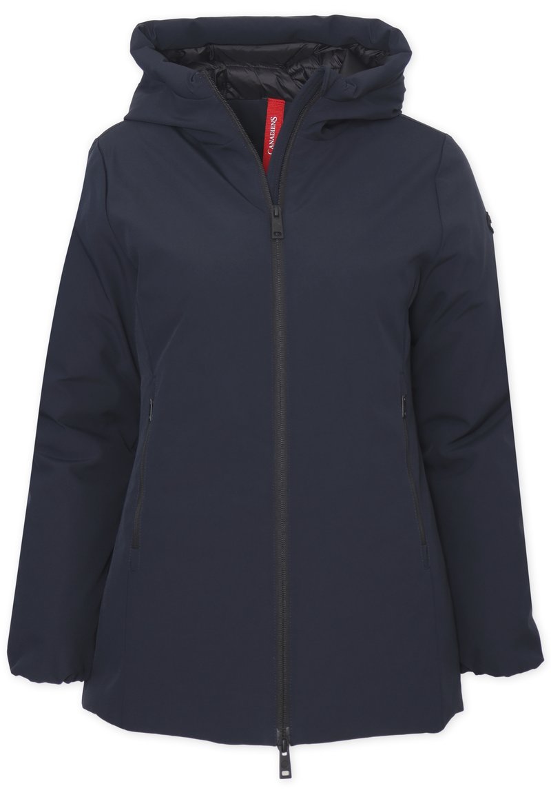 Giacca impermeabile blu navy con cappuccio, dotata di una cerniera frontale completa e tasche laterali, realizzata in tessuto morbido con una fodera soffice.