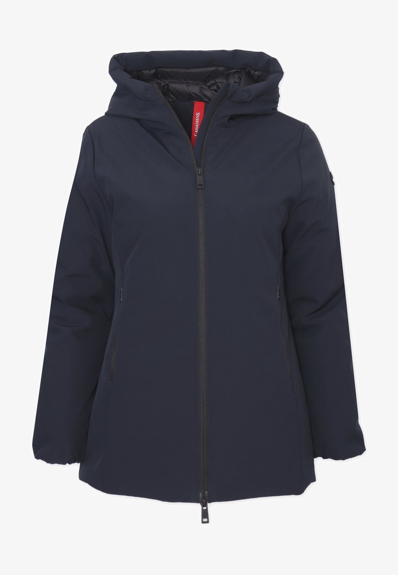 Giacca impermeabile blu navy con cappuccio, dotata di una cerniera frontale completa e tasche laterali, realizzata in tessuto morbido con una fodera soffice.