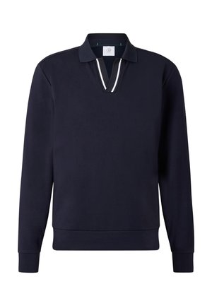 Marineblaues langärmeliges Poloshirt mit Kragen und weiß gestreiftem V-Ausschnitt, gerippten Bündchen und Saum sowie einem dezenten Logo am linken Ärmel.