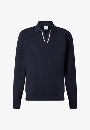 Marineblå langærmet poloshirt med krave og V-udskæring med hvide striber, ribstrikkede manchetter og kant samt diskret logo på venstre ærme.