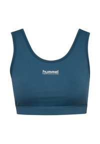Teal sport-bh gjord av mjukt tyg, med rundad halsringning, breda axelband och en kontrasterande vit "hummel"-logotyp på framsidan.