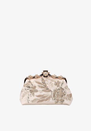 Cremefarbene Clutch mit silberner und goldener Blumenstickerei, Pailletten-Details und einem dekorativen Verschluss, der mit kleinen Blumenornamenten verziert ist.