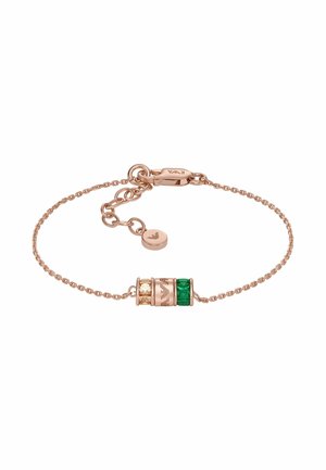 Rose gold bracelet with a delicate chain, featuring a cubic design with green and clear stones, and a lobster clasp fastening.