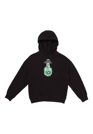 Black hoodie with a front pocket, features a green graphic design of an alien and a UFO. Soft fabric, ribbed cuffs, and hem.