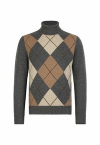 Grauer Rollkragenpullover aus Strickstoff mit einem Argyle-Muster in Braun, Beige und Grau. Rippstrickbündchen und -saum. Klassische Passform.