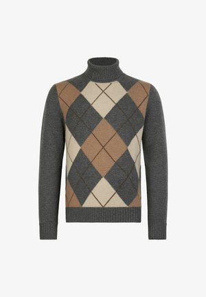 Grå polotröja i stickad kvalitet med ett argyle-mönster i brunt, beige och grått. Ribbad mudd och nederkant. Klassisk passform.