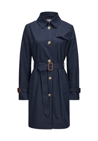 Navyblauer Trenchcoat aus wasserabweisendem Material, mit Knopfleiste, Kragen, Gürtel mit Schnalle und Seitentaschen.