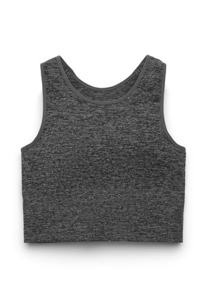 Top corto grigio con tessuto lavorato a maglia e scollatura arrotondata. Presenta un bordo grigio coordinato lungo i bordi.