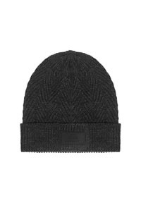 Ciemnoszara wełniana czapka z dzianiny z wzorem w jodełkę, z podwiniętym rondem i małą czarną metką marki z przodu.