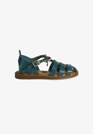 Türaqua Leder-Sandale mit mehreren Riemen, einer verstellbaren Schnalle und dekorativen Perlen. Braune Sohle mit Nähdetails. Offene Zehen-Design.