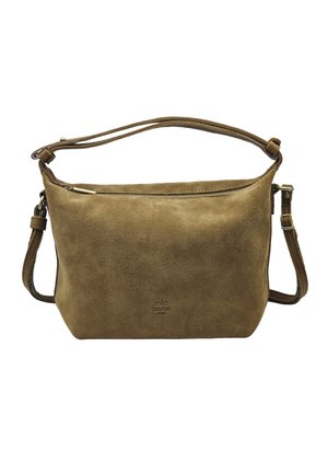 Sac à épaule en daim marron avec bretelles ajustables et fermeture éclair sur le dessus, marqué "mila louise Paris" au centre devant.