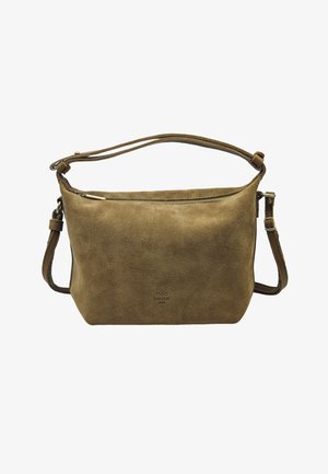 Sac à épaule en daim marron avec bretelles ajustables et fermeture éclair sur le dessus, marqué "mila louise Paris" au centre devant.