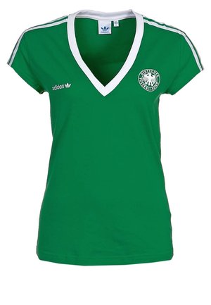 Grøn Adidas V-udskæring kvindes fodboldtrøje med hvide kanter, tre hvide skulderstriber og Deutscher Fußball-Bund-logo på brystet.