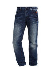 Donkerblauwe spijkerbroek met een recht model, vijf zakken en subtiele vervagingen overal. Inclusief een logo-patch op de tailleband.