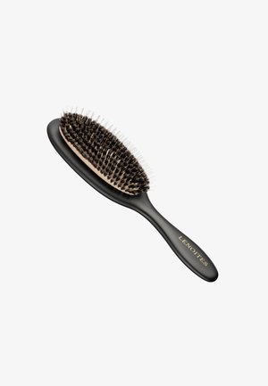 Zwarte haarborstel met een ovale vorm, natuurlijke haren, en een gladde grip handvat met gouden tekst.