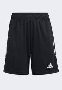 Schwarze Sportshorts mit einem elastischen Bund, kontrastierenden weißen Seitenpanelen und einem Adidas-Logo unten links. Glatte Stofftextur.