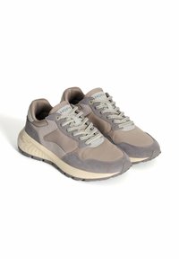 Une paire de baskets décontractées grises et beiges avec des lacets, des panneaux en daim et en tissu, et une languette de marque, présentée sur un fond blanc.