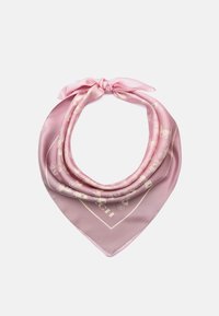 Foulard di seta in un tenue rosa chiaro con una finitura lucida. Presenta un motivo decorativo bianco, inclusi vari motivi e il logo "Coach".