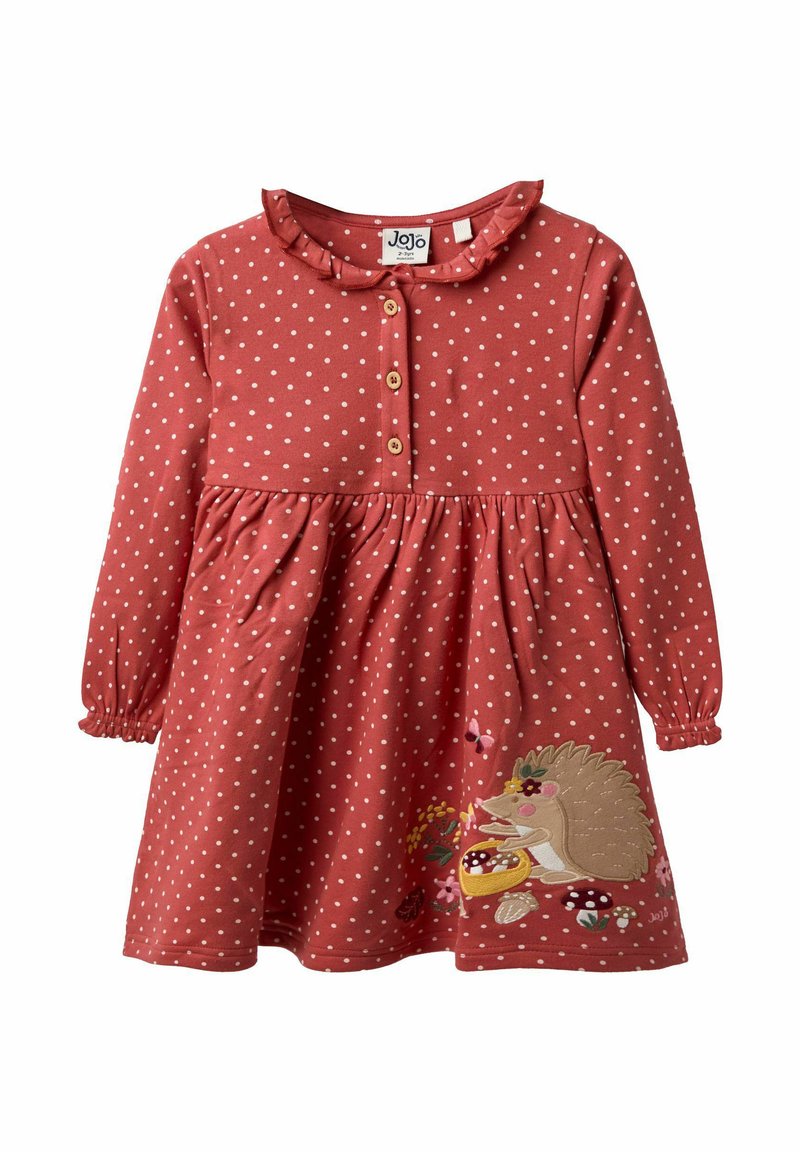 Rostfarbenes Kleid mit weißen Punkten, langen Ärmeln, Rüschenscollar, Holzknöpfen und gesticktem Igel mit Blumen und Pilzen.