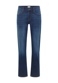 Vaqueros de mezclilla azul oscuro con corte recto, que presentan un ligero desvanecido, diseño clásico de cinco bolsillos y costuras en contraste.