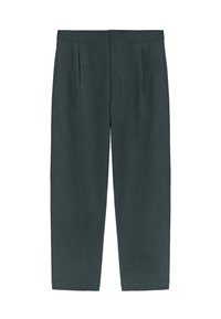 Pantaloni in lino grigio scuro con una vestibilità comoda, caratterizzati da pinces frontali e una trama liscia, progettati per il comfort e la versatilità.