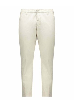 Lichtbeige katoenen broek met een rechte snit, voorzien van een sluiting met een rits en een knoop aan de voorkant, zijzakken en een gladde textuur.