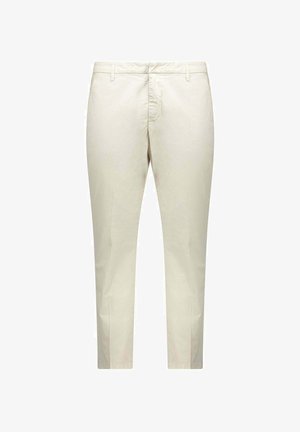 Lichtbeige katoenen broek met een rechte snit, voorzien van een sluiting met een rits en een knoop aan de voorkant, zijzakken en een gladde textuur.