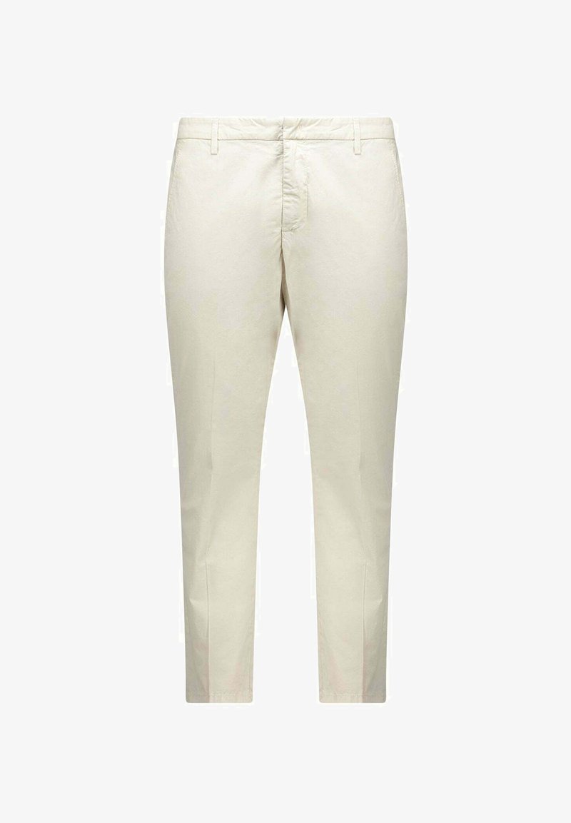 Lichtbeige katoenen broek met een rechte snit, voorzien van een sluiting met een rits en een knoop aan de voorkant, zijzakken en een gladde textuur.