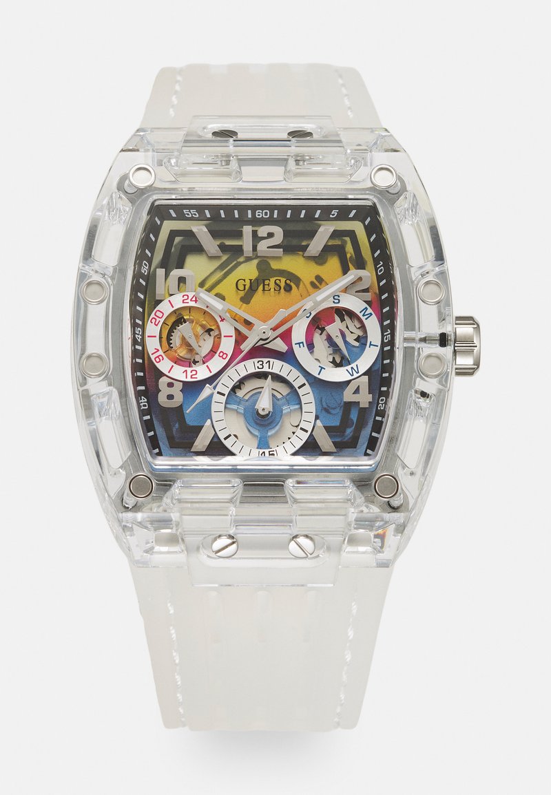 Montre en plastique transparent avec un cadran rectangulaire, un cadran multicolore présentant des index horaires en chiffres et trois sous-cadrans. Bracelet blanc avec des accents texturés.
