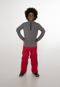 Grijze longsleeve pullover met een halve rits kraag, rode sneeuwbroeken en zwarte schoenen. De pullover heeft een logo op de borst.