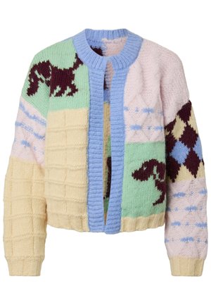 Paksu koega kardigan pastelse kollase, rohelise, roosa ja sinise lapitehnikas mustriga, millel on tumepruunid abstraktsed mustrid ja sinine ääreliist.