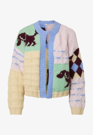 Paksu koega kardigan pastelse kollase, rohelise, roosa ja sinise lapitehnikas mustriga, millel on tumepruunid abstraktsed mustrid ja sinine ääreliist.