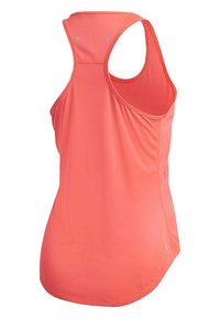 Débardeur de sport corail rose sans manches avec un dos nageur et des détails réfléchissants subtils sur le haut du dos.