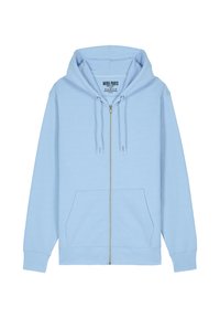 Felpa zip-up azzurra chiara realizzata in tessuto morbido, con cappuccio regolabile, tasche frontali e polsini a coste per una vestibilità comoda.
