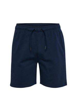 Granatowe szorty dresowe wykonane z miękkiego materiału z elastycznym paskiem w talii i sznurkiem do regulacji; posiadają subtelny wzór w zygzak po boku.