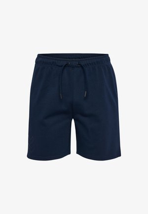 Granatowe szorty dresowe wykonane z miękkiego materiału z elastycznym paskiem w talii i sznurkiem do regulacji; posiadają subtelny wzór w zygzak po boku.