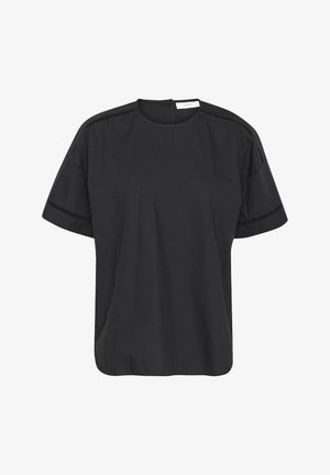 Black casual t-shirt made of smooth fabric, featuring a round neckline, short sleeves, and subtle seam detail along the shoulders.