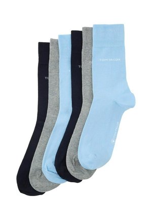 Set aus fünf Socken in verschiedenen Farben: Dunkelblau, Hellblau, Grau und Marineblau. Hergestellt aus weichem Stoff, mit gerippten Bündchen und Logo-Details.